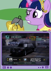 Size: 1226x1711 | Tagged: safe, imported from derpibooru, twilight sparkle, alicorn, pony, exploitable meme, female, gamer twi, ghost car, glitch, mare, meme, need for speed, need for speed carbon, obligatory pony, tv meme, twilight sparkle (alicorn)