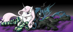 Size: 1024x460 | Tagged: dead source, safe, artist:thefishe77, imported from derpibooru, fleur-de-lis, queen chrysalis, changeling, changeling queen, unicorn, bedroom eyes, clothes, female, fishnets, socks, stockings, striped socks, sultry pose