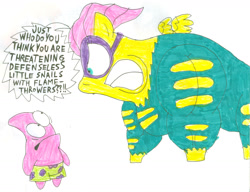 Size: 1445x1109 | Tagged: safe, artist:sithvampiremaster27, imported from derpibooru, fluttershy, saddle rager, duo, patrick star, pet sitter pat, sbsp hater, spongebob squarepants