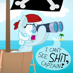 Size: 3006x3006 | Tagged: safe, artist:zutheskunk, imported from derpibooru, oc, oc only, oc:snowdrop, pegasus, pony, .svg available, bandana, belly button, binoculars, blind, blind joke, can't see shit, can't see shit captain, crossing the line twice, dialogue, female, funny, funny as hell, high res, hoof hold, island, leaning, mare, meme, ocean, open mouth, pirate, solo, vector, vulgar, we are going to hell, yelling