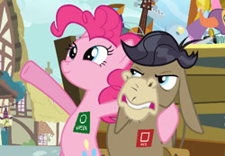 Size: 535x372 | Tagged: safe, edit, edited screencap, imported from derpibooru, screencap, cranky doodle donkey, pinkie pie, donkey, earth pony, pony, bronycon, a friend in deed, /mlp/, asan, autism, autism spectrum disorder, bipedal, color communications badges, cropped, drama, duo, headcanon, hoof around neck, neurodivergent, neurodivergent headcanon, wrong