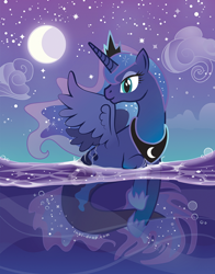 Size: 468x596 | Tagged: safe, artist:inki-drop, imported from derpibooru, princess luna, alicorn, merpony, cloud, crown, female, fish tail, flowing mane, hoof shoes, horn, jewelry, moon, night, race swap, regalia, sky, smiling, solo, species swap, spread wings, stars, swimming, tail, water, wings