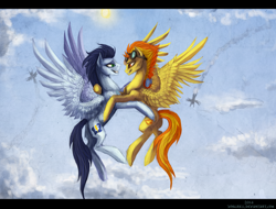 Size: 1024x777 | Tagged: safe, artist:grinu, artist:vongrell, imported from derpibooru, soarin', spitfire, pegasus, backwards cutie mark, cloud, female, flying, male, shipping, soarinfire, straight, sun
