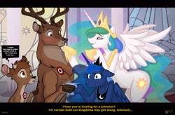 Size: 2622x1720 | Tagged: safe, artist:wolfjedisamuel, imported from derpibooru, princess celestia, princess luna, alicorn, deer, pony, :o, angry, bambi, bedroom eyes, blushing, crack shipping, cross-popping veins, crossover, crossover shipping, disney, floppy ears, frown, hoofshake, spread wings, sweat, the great prince, wide eyes