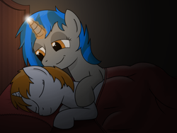 Size: 1600x1200 | Tagged: safe, artist:bruinsbrony216, imported from derpibooru, oc, oc only, oc:homage, oc:littlepip, pony, unicorn, fallout equestria, bed, eyes closed, fallout, fanfic, fanfic art, female, glowing horn, hooves, horn, lesbian, magic, mare, oc x oc, pillow, pipmage, shipping, sleeping, smiling
