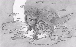 Size: 4976x3088 | Tagged: dead source, safe, artist:cross_ornstein, imported from derpibooru, princess luna, oc, oc:snowdrop, crescent moon, monochrome, moon, tangible heavenly object