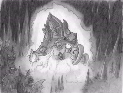 Size: 6496x4928 | Tagged: dead source, safe, artist:cross_ornstein, imported from derpibooru, fluttershy, changeling, absurd resolution, archon, cave, crossover, monochrome, starcraft