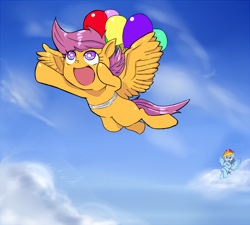 Size: 800x720 | Tagged: safe, artist:kuromozuku, imported from derpibooru, rainbow dash, scootaloo, balloon, pixiv, scootaloo can fly, scootalove