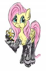Size: 1345x2089 | Tagged: safe, artist:pwnyville, imported from derpibooru, fluttershy, cyborg, :t, amputee, banana, eating, female, hand, herbivore, looking at you, prosthetics, puffy cheeks, smiling, solo
