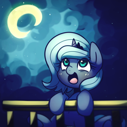 Size: 2000x2000 | Tagged: safe, artist:maren, imported from derpibooru, princess luna, alicorn, pony, cloud, cloudy, crescent moon, cute, featured image, female, filly, happy, leaning, looking up, lunabetes, moon, open mouth, sitting, smiling, solo, underhoof, woona, younger