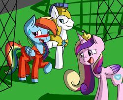 Size: 992x806 | Tagged: safe, artist:catmak800, imported from derpibooru, princess cadance, rainbow dash, chains, clothes, embarrassed, gates, grass, laughing, prison, prison outfit, prisoner, prisoner rd, royal guard, smiling