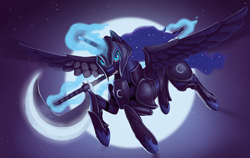 Size: 822x520 | Tagged: safe, artist:mick-o-maikeru, imported from derpibooru, princess luna, alicorn, armor, ethereal mane, female, flying, glowing horn, hoof shoes, horn, levitation, looking at you, magic, moon, night, scythe, solo, spread wings, warrior luna, weapon, wings