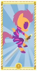 Size: 400x775 | Tagged: safe, artist:janeesper, imported from derpibooru, scootaloo, jack of spades, page of swords, sword, tarot card