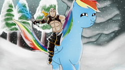 Size: 1920x1080 | Tagged: safe, artist:katsu, imported from derpibooru, rainbow dash, human, pony, giant pony, riding, riding human, snow, snowfall, sword, weapon