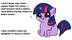 Size: 1194x668 | Tagged: safe, imported from derpibooru, twilight sparkle, pony, unicorn, zebra, exploitable meme, female, filly, filly twilight sparkle, filly twilight telling an offensive joke, foal, meme, obligatory pony, op is a duck, out of character, racism, simple background, solo, unicorn twilight, vulgar, white background