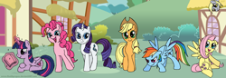 Size: 5000x1718 | Tagged: safe, artist:redapropos, imported from derpibooru, applejack, derpy hooves, fluttershy, pinkie pie, rainbow dash, rarity, twilight sparkle, alicorn, pony, female, mane six, mare, twilight sparkle (alicorn)