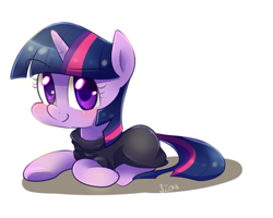 Size: 1000x800 | Tagged: safe, artist:sion-ara, imported from derpibooru, twilight sparkle, black clothes, clothes, female, looking at you, lying, prone, simple background, smiling, solo