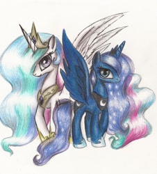 Size: 1317x1459 | Tagged: safe, artist:markk-n-viacka, imported from derpibooru, princess celestia, princess luna, alicorn, pony, female, mare, traditional art