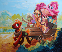 Size: 900x752 | Tagged: safe, artist:yulyeen, imported from derpibooru, apple bloom, applejack, big macintosh, granny smith, pinkie pie, earth pony, pony, pinkie apple pie, acrylic painting, apple family, apples to the core, luggage, male, painting, scene interpretation, stallion, traditional art, wagon