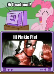 Size: 563x771 | Tagged: safe, imported from derpibooru, pinkie pie, breaking the fourth wall, deadpool, epic win, exploitable meme, fourth wall, meme, obligatory pony, test footage, trailer leak, tv meme, wade wilson