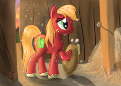 Size: 1754x1240 | Tagged: safe, artist:manfartwish, imported from derpibooru, big macintosh, earth pony, pony, barn, big macintosh's yoke, female, macareina, mare, rule 63, solo, sweat