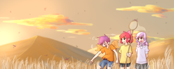 Size: 1500x600 | Tagged: safe, artist:shunji, imported from derpibooru, apple bloom, scootaloo, sweetie belle, human, clothes, cute, cutie mark crusaders, humanized, pixiv, skirt, winged humanization