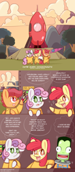 Size: 1950x4428 | Tagged: safe, artist:dsp2003, imported from derpibooru, apple bloom, scootaloo, sweetie belle, earth pony, pegasus, pony, unicorn, astronaut, bipedal, chibi, comic, crossover, cute, cutie mark crusaders, female, filly, flag, i have no idea what i'm doing, jebediah kerman, kerbal, kerbal space program, rocket, spacesuit, style emulation, this will end in space, this will end in tears, this will end in tears and/or death and/or covered in tree sap, tree sap and pine needles