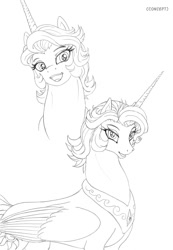 Size: 966x1400 | Tagged: safe, artist:leovictor, imported from derpibooru, princess celestia, alicorn, pony, alternate hairstyle, female, lineart, looking at you, monochrome, open mouth, portrait, short hair, smiling, solo