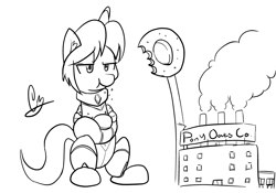 Size: 1700x1189 | Tagged: safe, artist:mrrowboat, imported from derpibooru, oc, oc only, oc:ultramare, earth pony, pony, bodysuit, eating, factory, giant pony, macro, monochrome, oats, sitting, solo