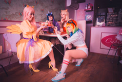 Size: 3199x2133 | Tagged: safe, artist:lexcosplay, artist:lexi-farron-strife, artist:lynah, artist:quineapple, imported from derpibooru, applejack, fluttershy, rainbow dash, twilight sparkle, human, belly button, cosplay, irl, irl human, midriff, photo