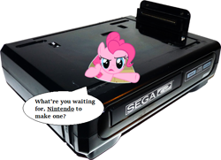 Size: 600x435 | Tagged: safe, imported from derpibooru, pinkie pie, breaking the fourth wall, commercial, female, nintendo, parody, sega, sega cd, solo