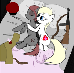 Size: 627x623 | Tagged: safe, artist:anonymous, imported from derpibooru, oc, oc only, oc:aryanne, oc:veronika, communism, cuddling, female, gun, lesbian, love, nazi, ppsh-41, shipping, snuggling, soviet, soviet russia, submachinegun, swastika, weapon