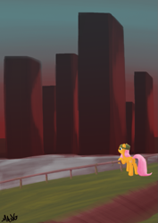 Size: 793x1122 | Tagged: safe, artist:mang, imported from derpibooru, fluttershy, beanie, city, clothes, female, hat, solo, sunset