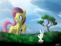 Size: 1024x768 | Tagged: safe, artist:azuredash, imported from derpibooru, angel bunny, fluttershy, broken perspective, digital art