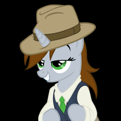 Size: 1191x1191 | Tagged: safe, artist:teschke, imported from derpibooru, oc, oc only, oc:littlepip, pony, unicorn, fallout equestria, black background, clothes, fanfic, fanfic art, fedora, female, hat, hooves, horn, mare, simple background, smiling, solo, stay classy, teeth