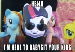 Size: 872x603 | Tagged: safe, imported from derpibooru, twilight sparkle, human, funrise, irl, irl human, male, mask, photo, plushie, solo, sunglasses, text