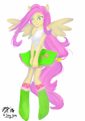 Size: 2480x3507 | Tagged: safe, artist:zakurarain, imported from derpibooru, fluttershy, equestria girls, clothes, female, ponied up, skirt, solo, tanktop