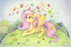 Size: 604x406 | Tagged: safe, artist:freesavanna, imported from derpibooru, fluttershy, butterfly, female, lying, solo, traditional art