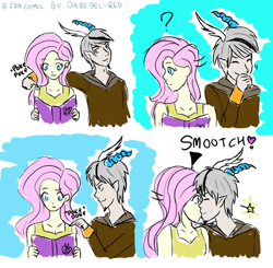 Size: 1178x1156 | Tagged: safe, artist:darebel-red, imported from derpibooru, discord, fluttershy, human, discoshy, female, horned humanization, humanized, kissing, male, shipping, straight