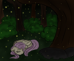 Size: 800x665 | Tagged: safe, artist:darebel-red, imported from derpibooru, fluttershy, firefly (insect), insect, female, forest, sleeping, solo, tree