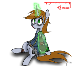 Size: 745x686 | Tagged: safe, artist:fullmetalpikmin, imported from derpibooru, oc, oc only, oc:littlepip, pony, unicorn, fallout equestria, bags under eyes, clothes, drinking, fallout, fanfic, fanfic art, female, geiger counter, glowing horn, hooves, horn, jumpsuit, levitation, magic, mare, nuka cola, pipbuck, radiation, radiation poisoning, simple background, sitting, solo, straw, telekinesis, vault suit, white background, wide eyes