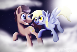 Size: 1238x842 | Tagged: safe, artist:tsupirka, imported from derpibooru, derpy hooves, doctor whooves, time turner, pegasus, pony, cloud, cloudy, doctorderpy, female, flying, happy, male, mare, shipping, smiling, stars, straight