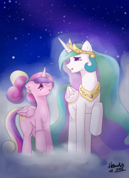 Size: 1024x1408 | Tagged: safe, artist:foreverago2015, imported from derpibooru, princess cadance, princess celestia, cloud, cloudy, raised hoof