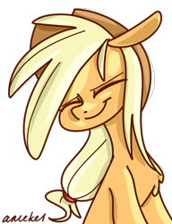 Size: 672x874 | Tagged: safe, artist:amekel, imported from derpibooru, applejack, chest fluff, cute, eyes closed, female, floppy ears, simple background, smiling, solo