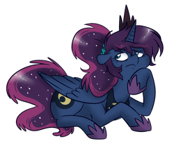 Size: 904x780 | Tagged: dead source, safe, artist:princess-hanners, imported from derpibooru, princess luna, luna-afterdark, alternate hairstyle, female, prone, simple background, solo