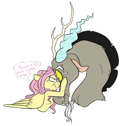 Size: 1190x1200 | Tagged: safe, artist:princess-hanners, imported from derpibooru, discord, fluttershy, angry, badass, crying, dialogue, flutterbadass, looking at each other, simple background, sweat, transparent background