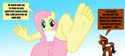 Size: 1278x573 | Tagged: safe, artist:haze_the_terror, imported from derpibooru, fluttershy, oc, alicorn, anthro, plantigrade anthro, pony creator, alicorn oc, barefoot, dialogue, feet, foot fetish, foot focus, giantess, macro, micro, pov, stomping, vulgar