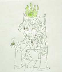 Size: 1368x1580 | Tagged: safe, artist:metroxlr99, imported from derpibooru, sunset shimmer, equestria girls, claws, crown of fire, danny phantom, female, happy, magic, pariah dark, queen, ring of rage, solo, throne, traditional art
