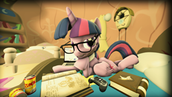 Size: 1920x1080 | Tagged: safe, artist:crax97, imported from derpibooru, twilight sparkle, alicorn, pony, 3d, book, controller, female, glasses, mare, solo, source filmmaker, twilight sparkle (alicorn)