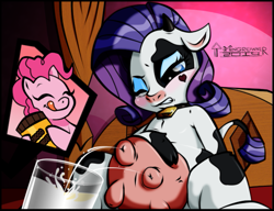 Size: 691x530 | Tagged: safe, artist:toongrowner, imported from derpibooru, pinkie pie, rarity, cow, earth pony, pony, blushing, female, lactation, licking, licking lips, mare, milk, milk squirt, milking, raricow, species swap, tongue out, udder